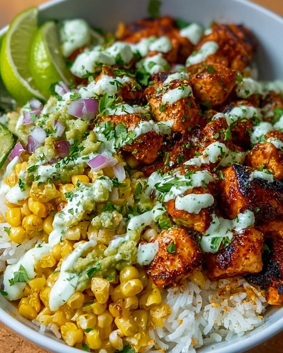 30-Minute Street Corn Chicken Rice Bowl garnished with fresh ingredients
