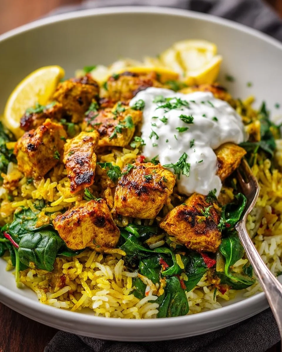 Bowl of anti-inflammatory turmeric chicken and rice with fresh herbs