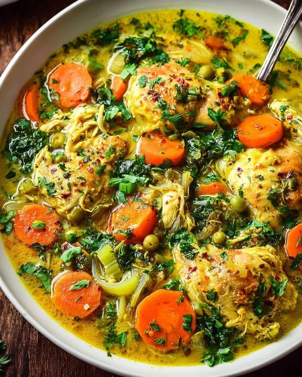Bowl of anti-inflammatory turmeric chicken soup with spices and herbs