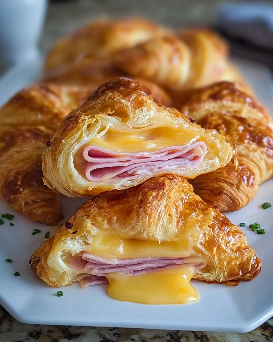 Golden Baked Ham and Cheese Croissants on a rustic wooden table