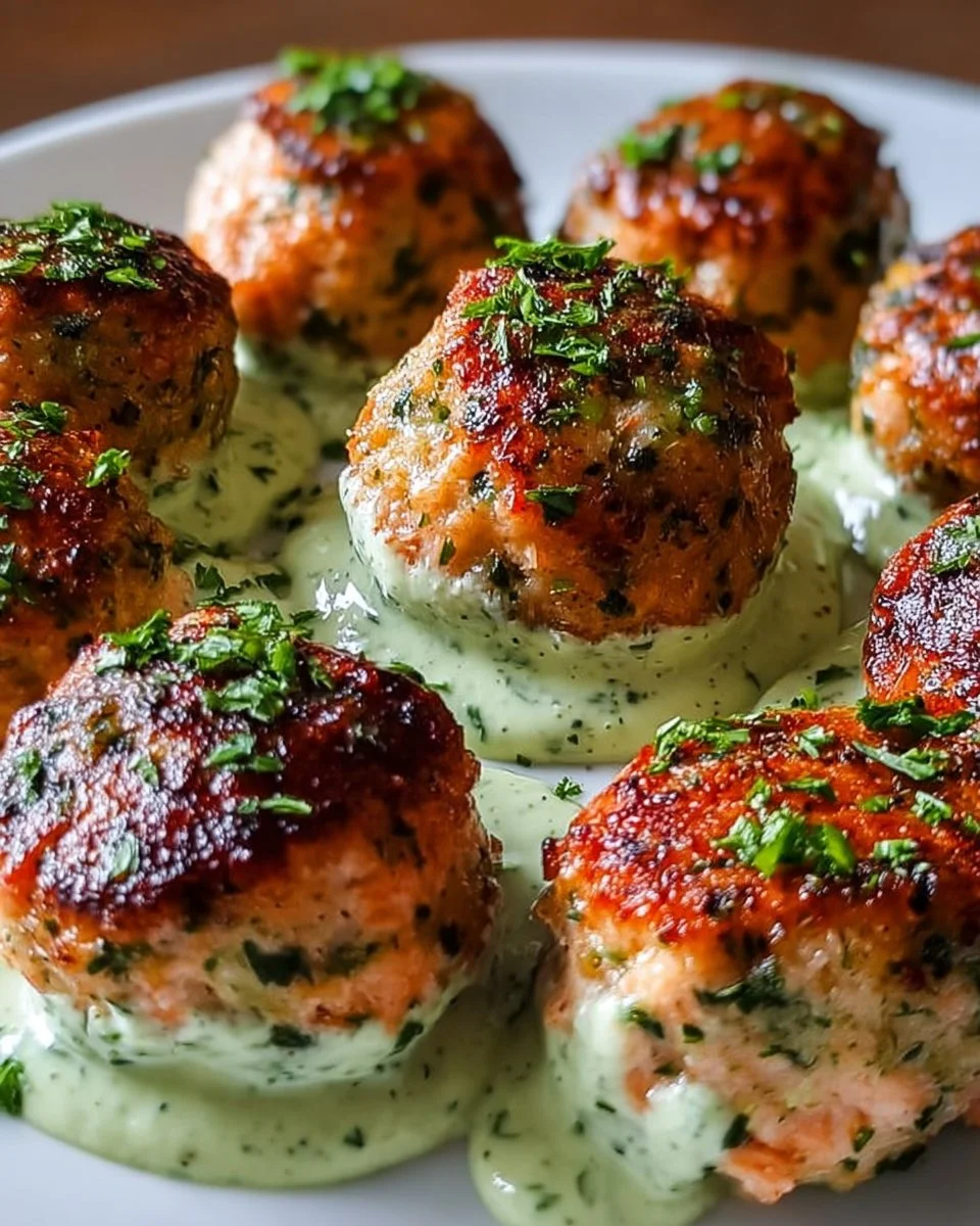 Baked salmon meatballs served with creamy avocado sauce on a plate.