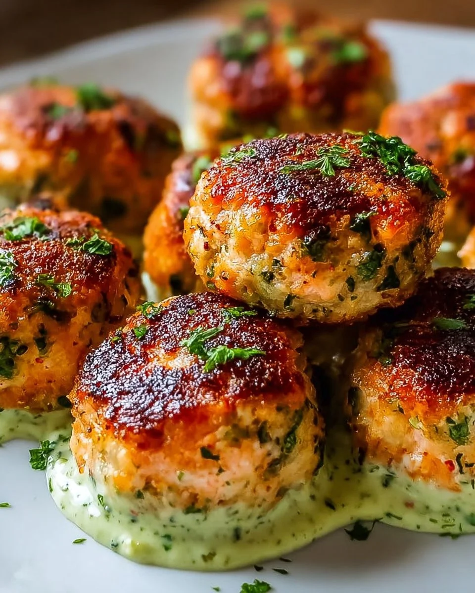 Baked salmon meatballs served with creamy avocado sauce on a plate