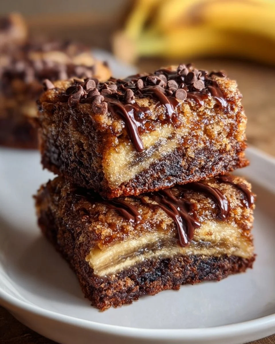 Delicious banana bread brownies topped with chocolate and walnuts