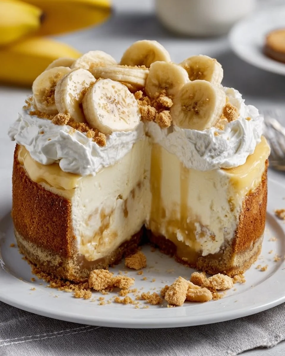 Delicious banana pudding cheesecake topped with whipped cream and banana slices