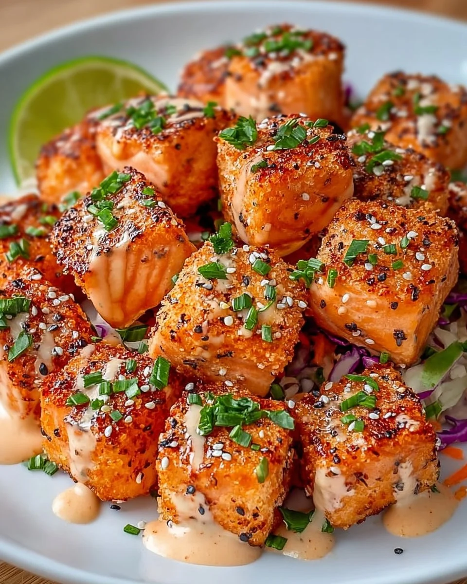 Crispy Bang Bang Salmon Bites served with a spicy dipping sauce