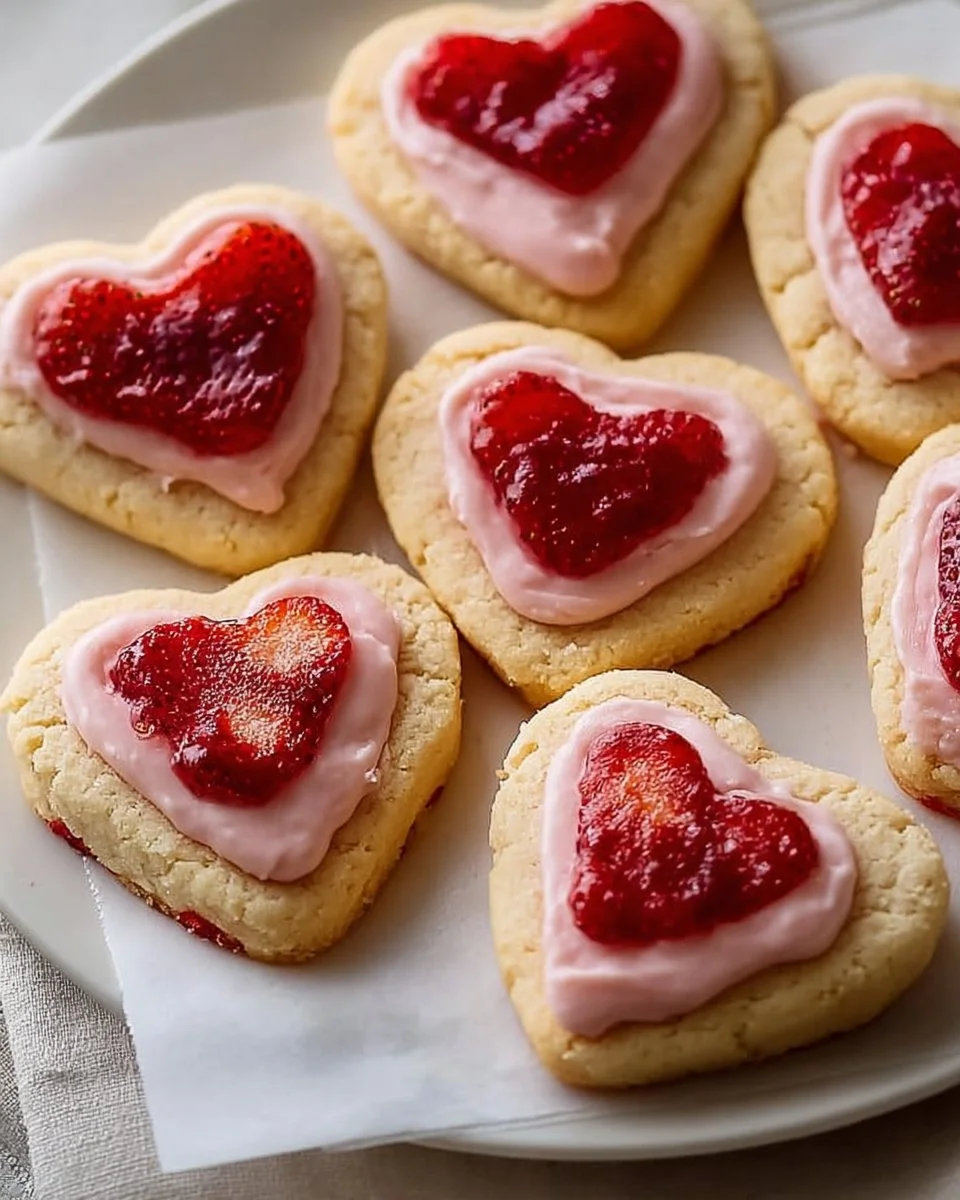 Heart-shaped strawberry shortbread cookies on a plate