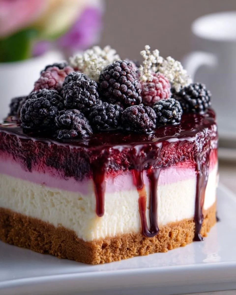 A slice of Blackberry Bliss Cheesecake topped with fresh blackberries and whipped cream.