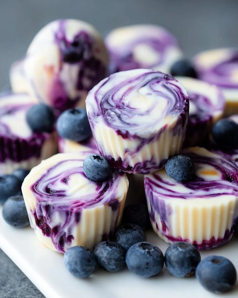 Blueberry swirl yogurt bites in a bowl, a healthy snack option.