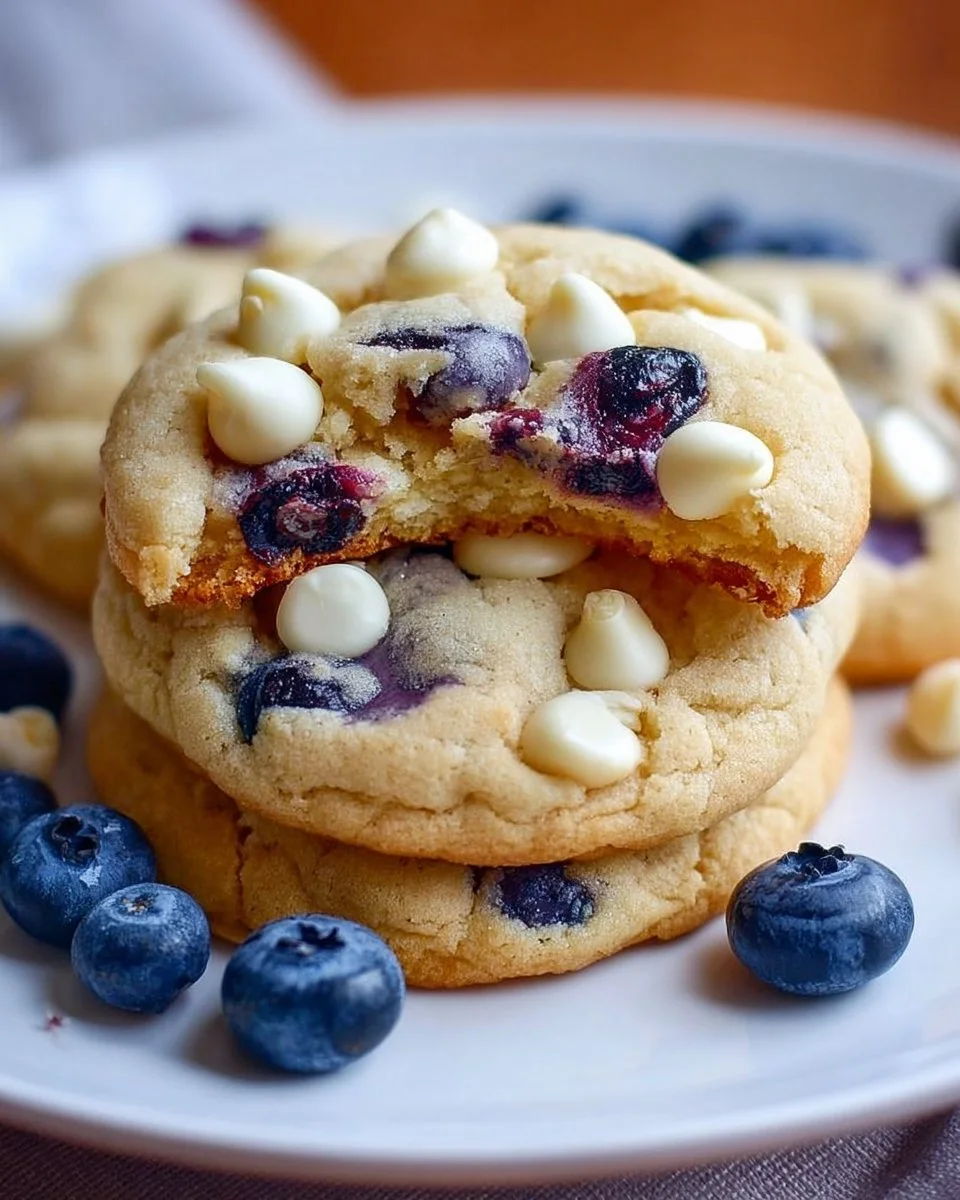 Delicious blueberry white chocolate chip cookies on a baking tray.