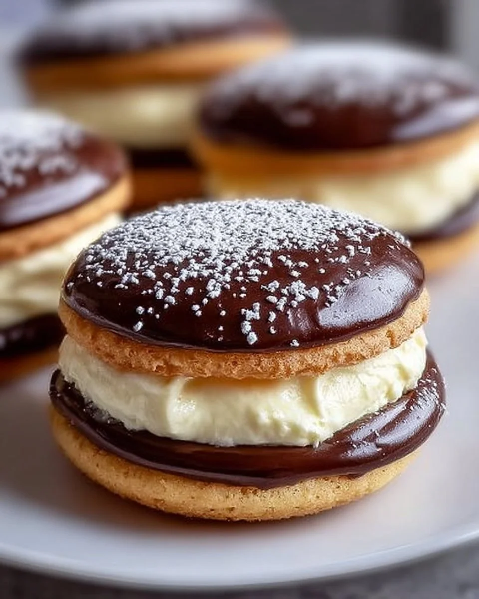 Boston Cream Pie Cookies topped with chocolate and creamy filling