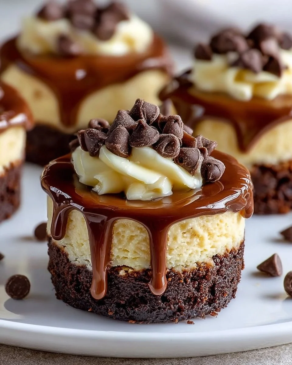 Delicious brownie bottom mini cheesecakes served on a plate.