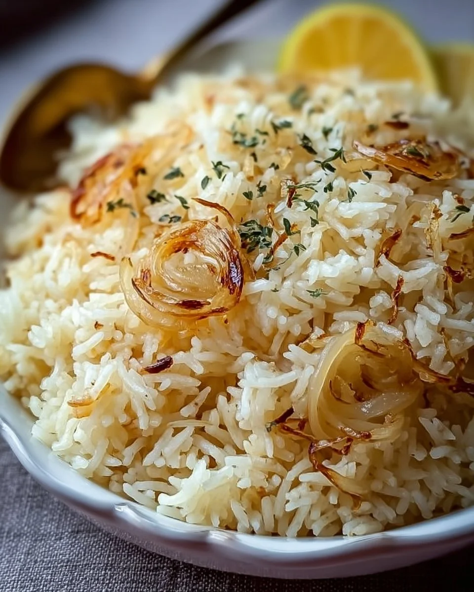 Bowl of buttery onion rice garnished with fresh herbs