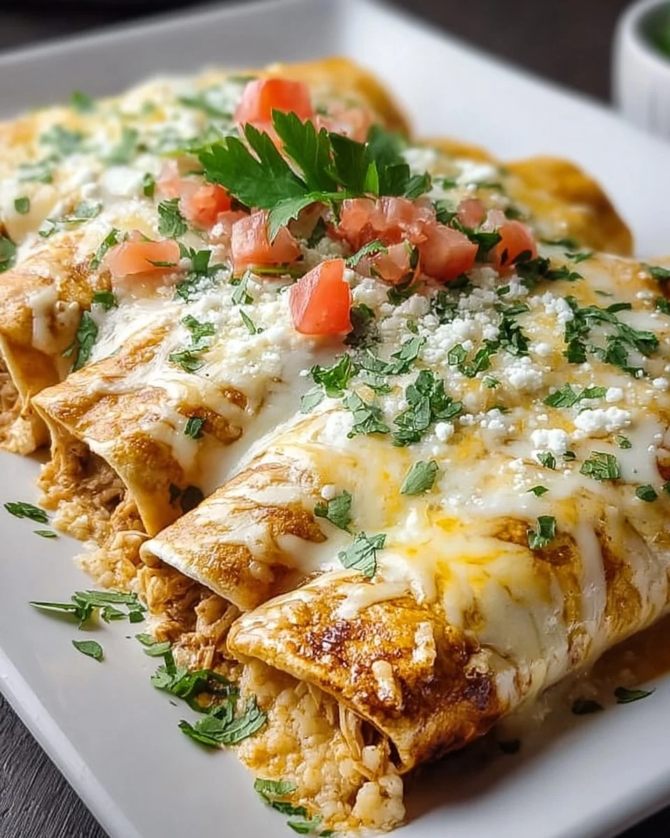 Plate of cheesy chicken enchiladas topped with sauce and garnished with cilantro