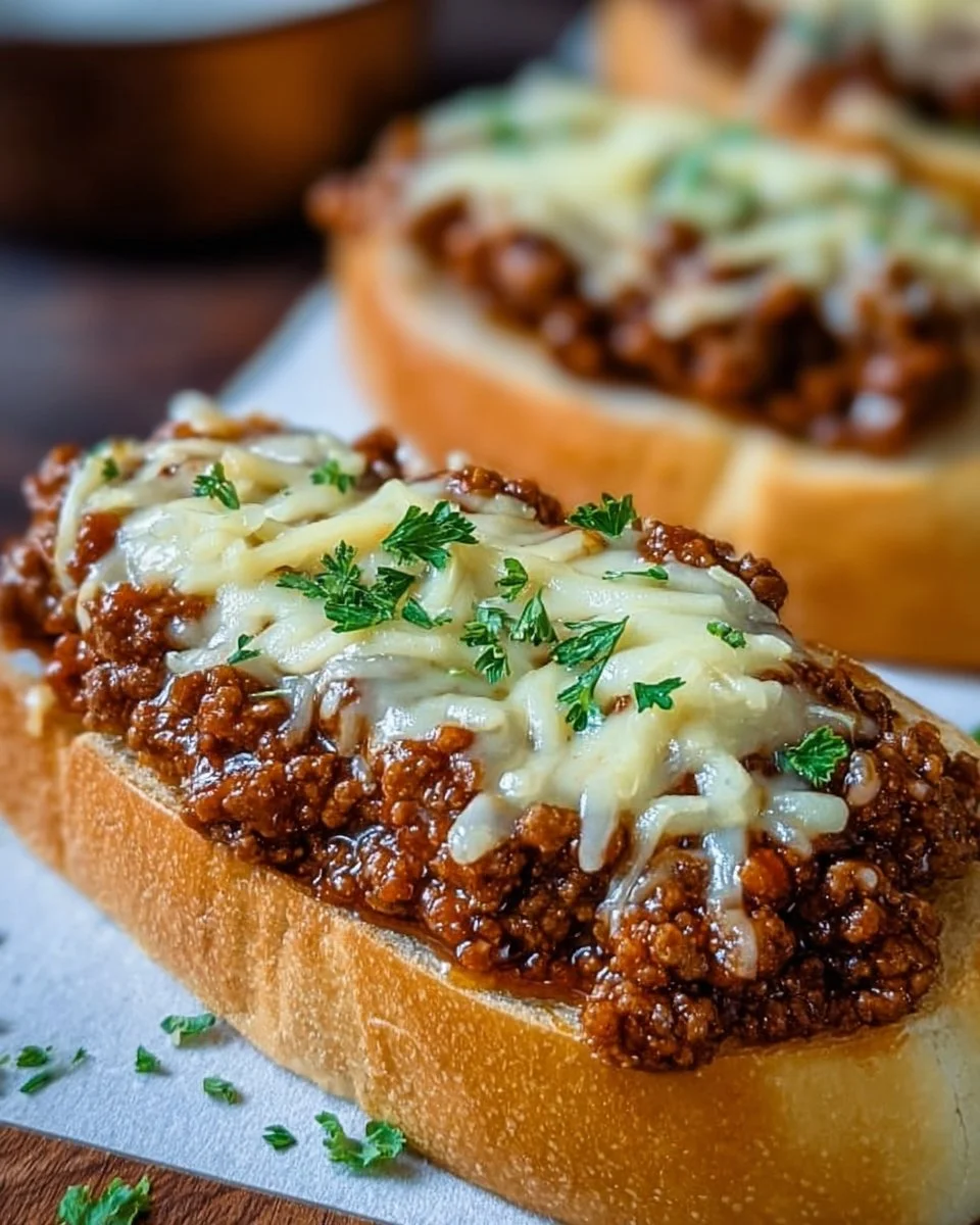 Cheesy Garlic Bread Sloppy Joe Melts served on a plate with toppings