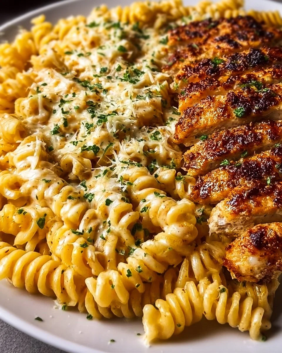 Cheesy rotini with garlic parmesan chicken served in a bowl