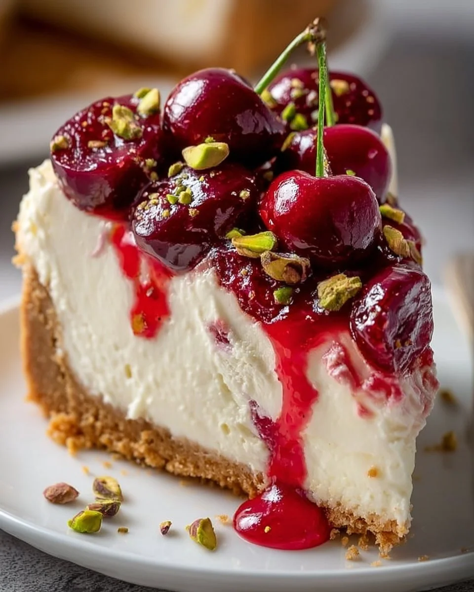 Delicious Cherry Pistachio Cheesecake with vibrant cherries and crushed pistachios.