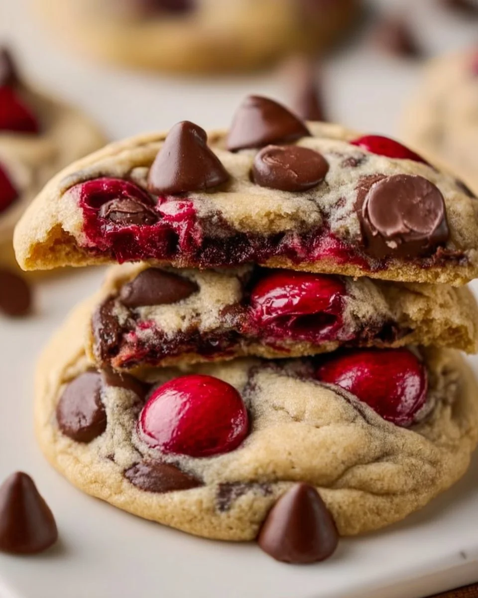 Chewy cherry chocolate chip cookies with mocha chips stacked on a plate.