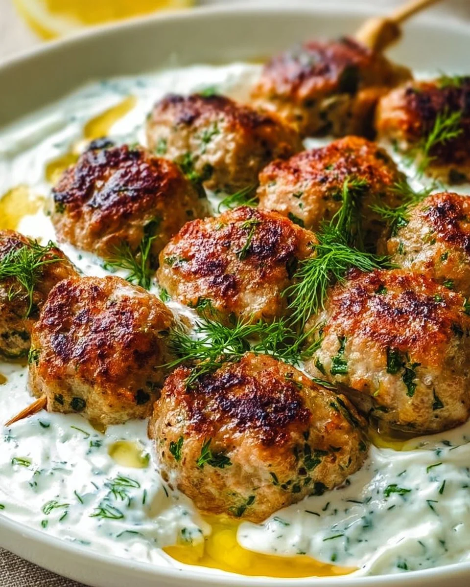 Chicken Kofta served with garlic yogurt sauce on a plate