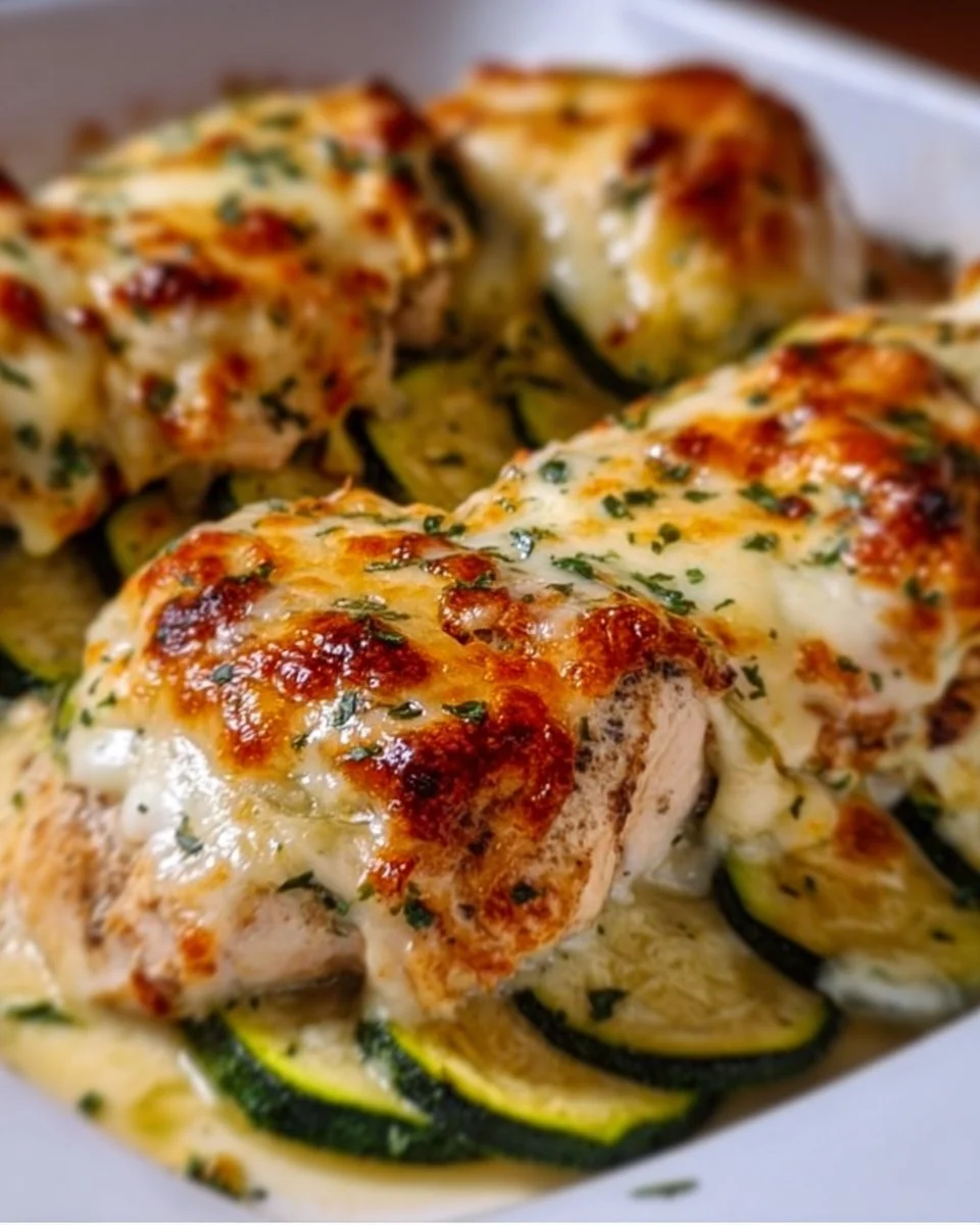 Baked Chicken Zucchini dish with melted cheese and fresh herbs