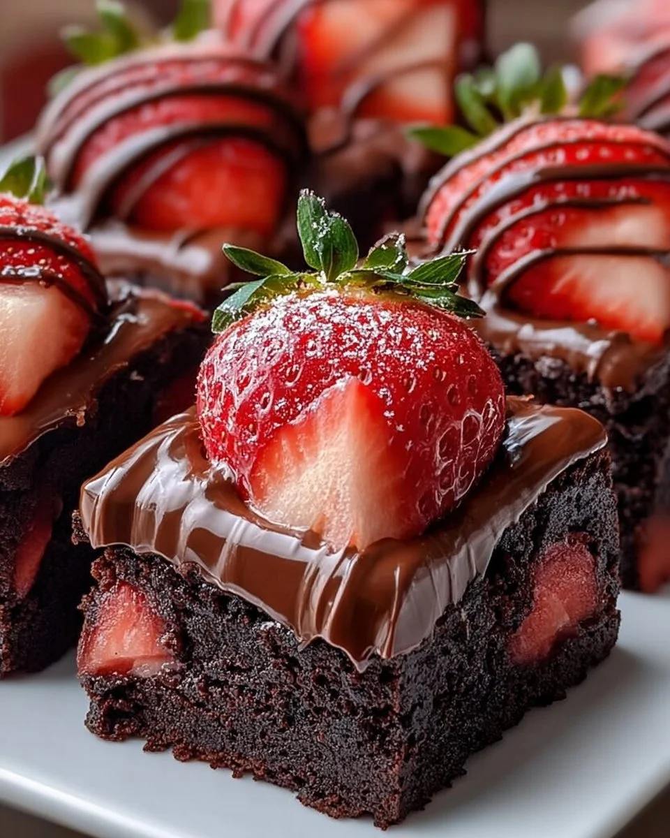Delicious chocolate covered strawberry brownies topped with fresh strawberries