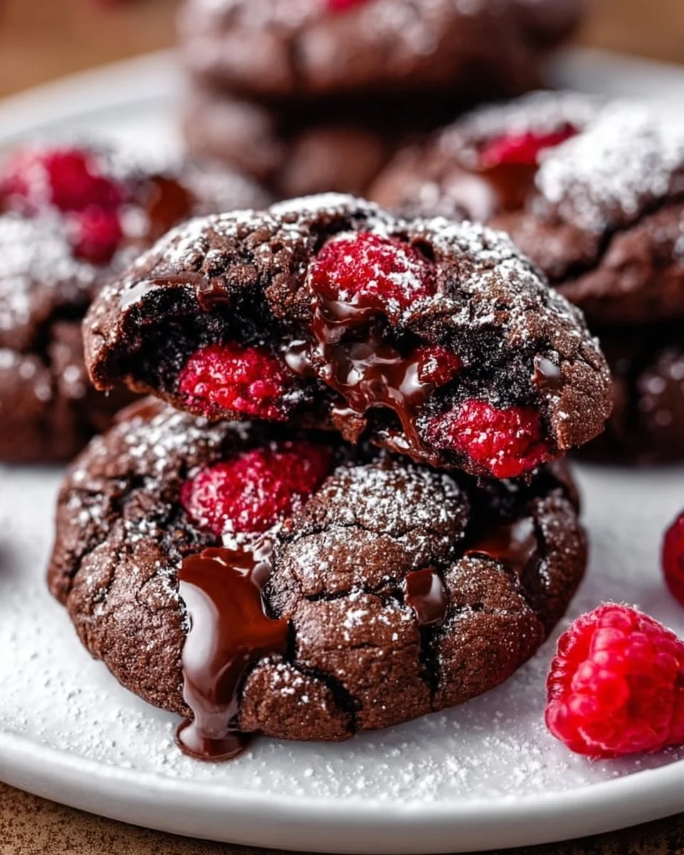 Freshly baked chocolate raspberry cookies on a plate