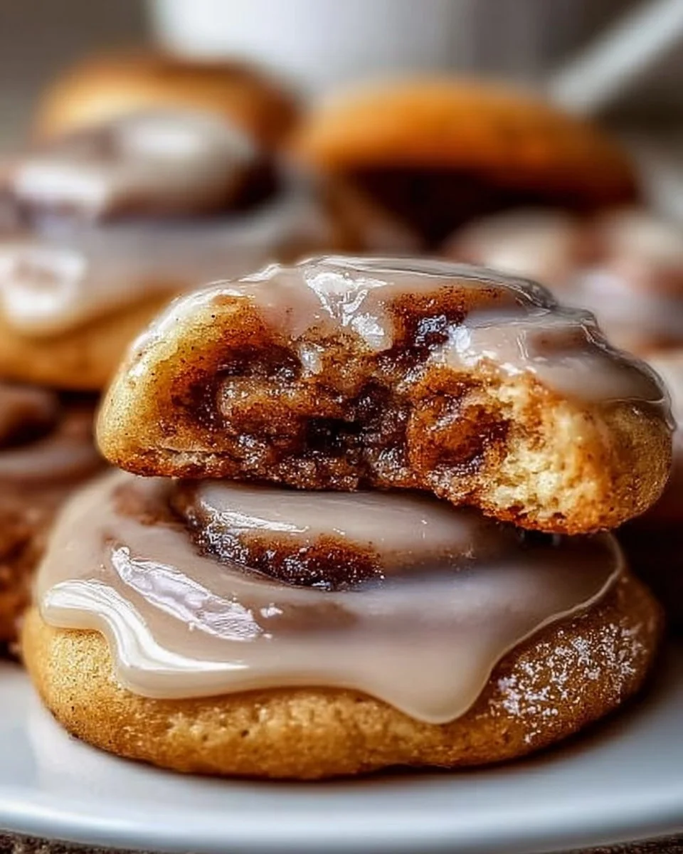 Delicious homemade cinnamon roll cookies with icing on a baking tray