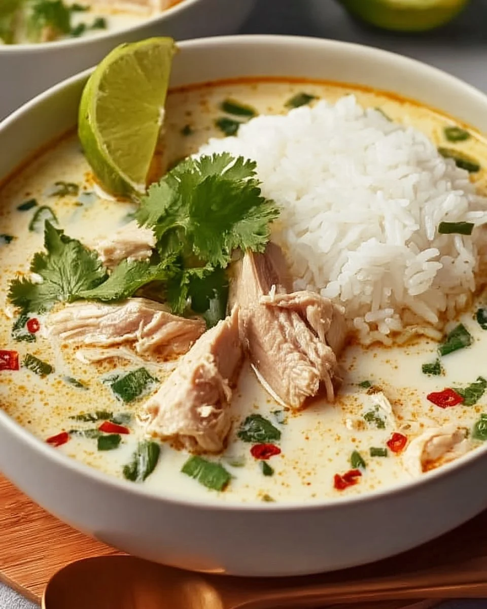 Coconut Chicken Brothy Rice in a bowl, garnished and ready to serve.