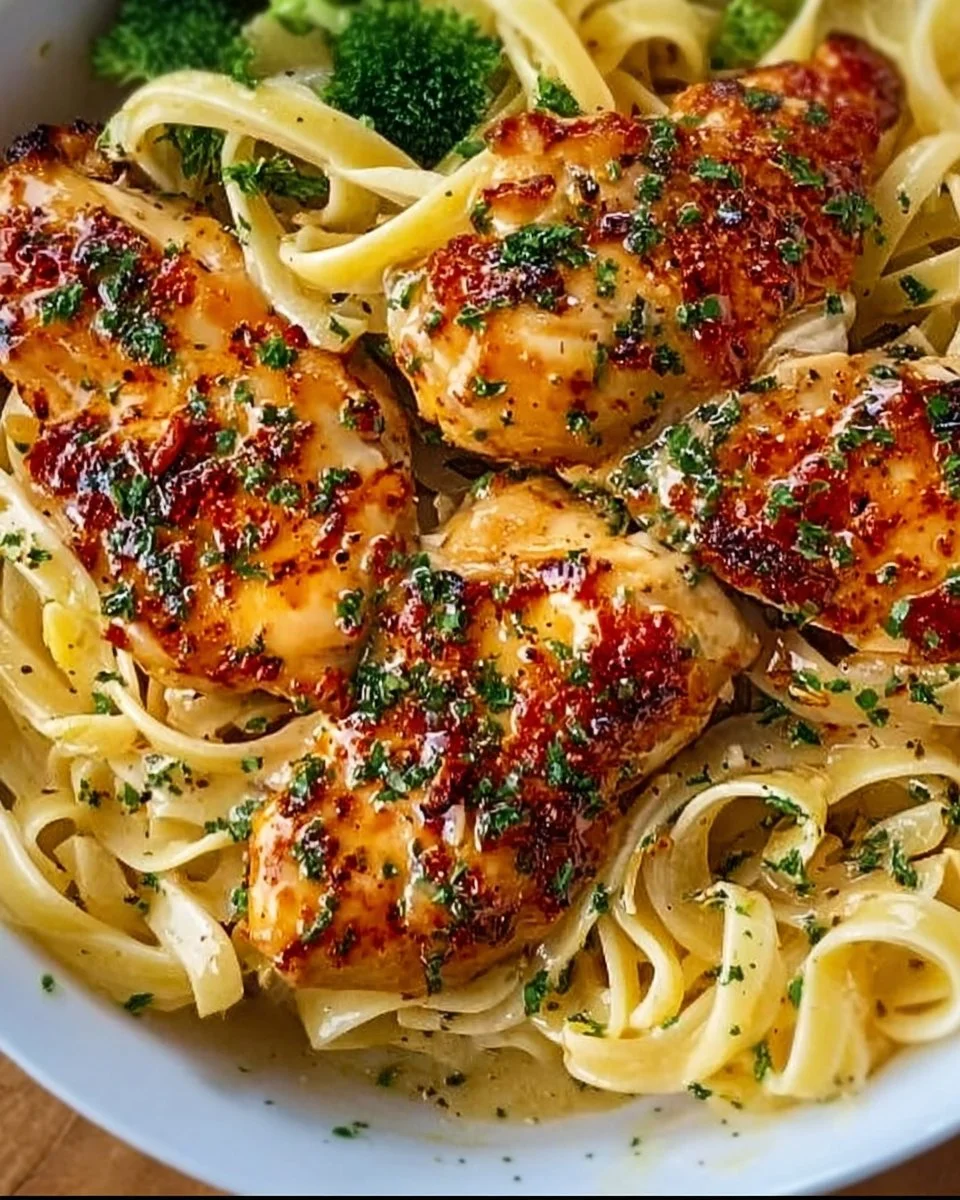 Delicious Cowboy Butter Chicken Pasta garnished with fresh herbs