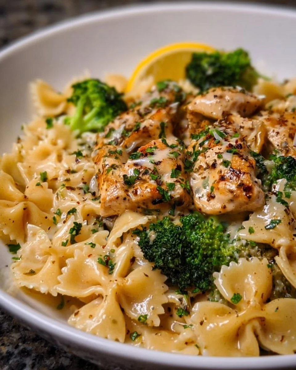 Delicious Cowboy Butter Lemon Bowtie Chicken with Broccoli Bliss on a plate