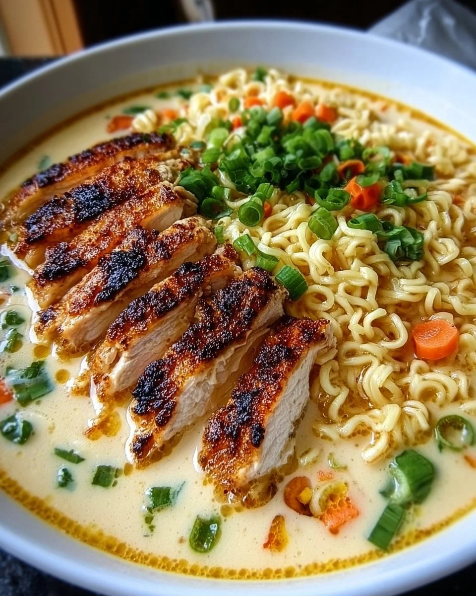 Creamy garlic chicken ramen bowl garnished with green onions and herbs.