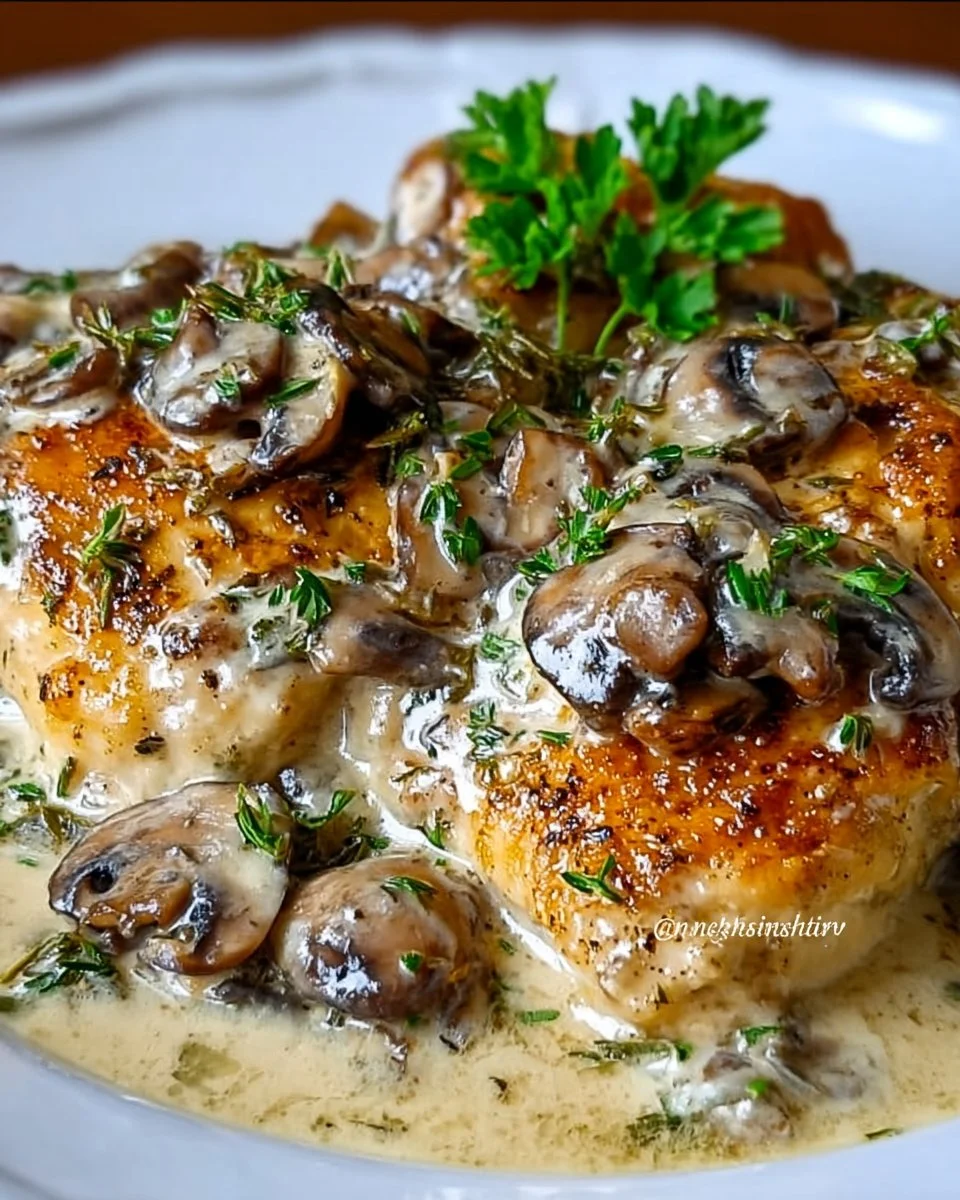 Creamy mushroom asiago chicken served with a side of vegetables