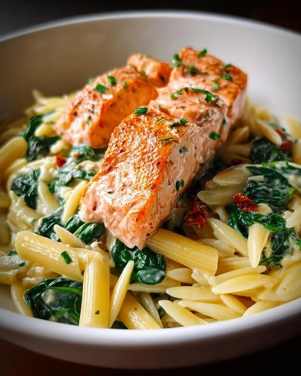 Creamy salmon spinach pasta served in a bowl, garnished with herbs.