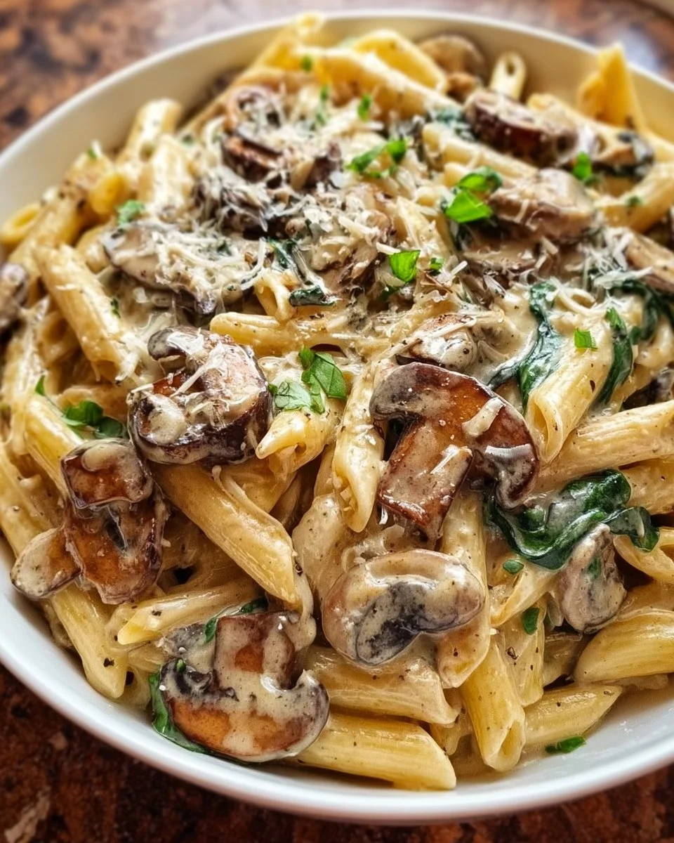 Creamy Tuscan Mushroom Pasta served on a plate with fresh herbs and cheese.