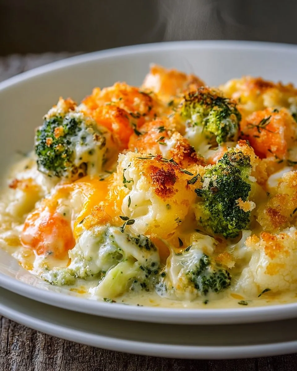Creamy winter vegetable casserole with colorful mixed vegetables baked in a creamy sauce.