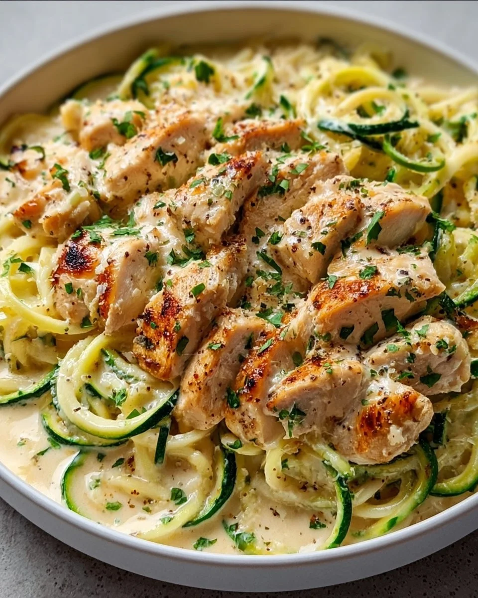 Creamy Zucchini Noodle Chicken Alfredo in a bowl with fresh herbs on top.