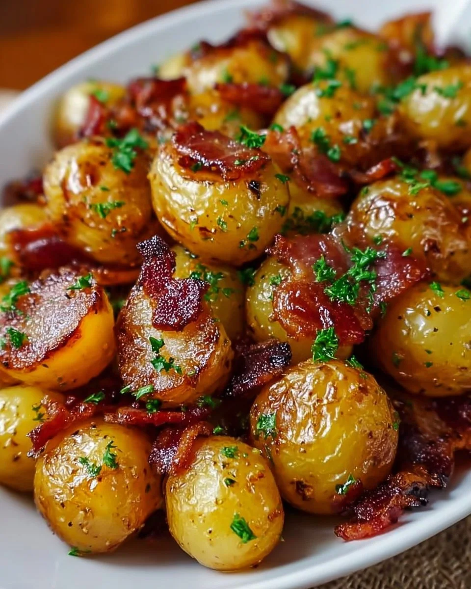 Crispy bacon honey roasted potatoes served on a plate