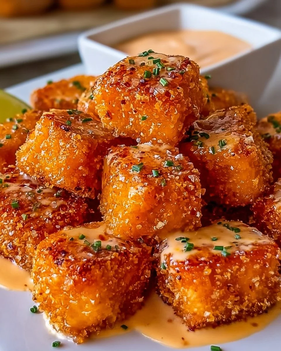 Crispy Bang Bang Salmon Bites served on a plate with dipping sauce