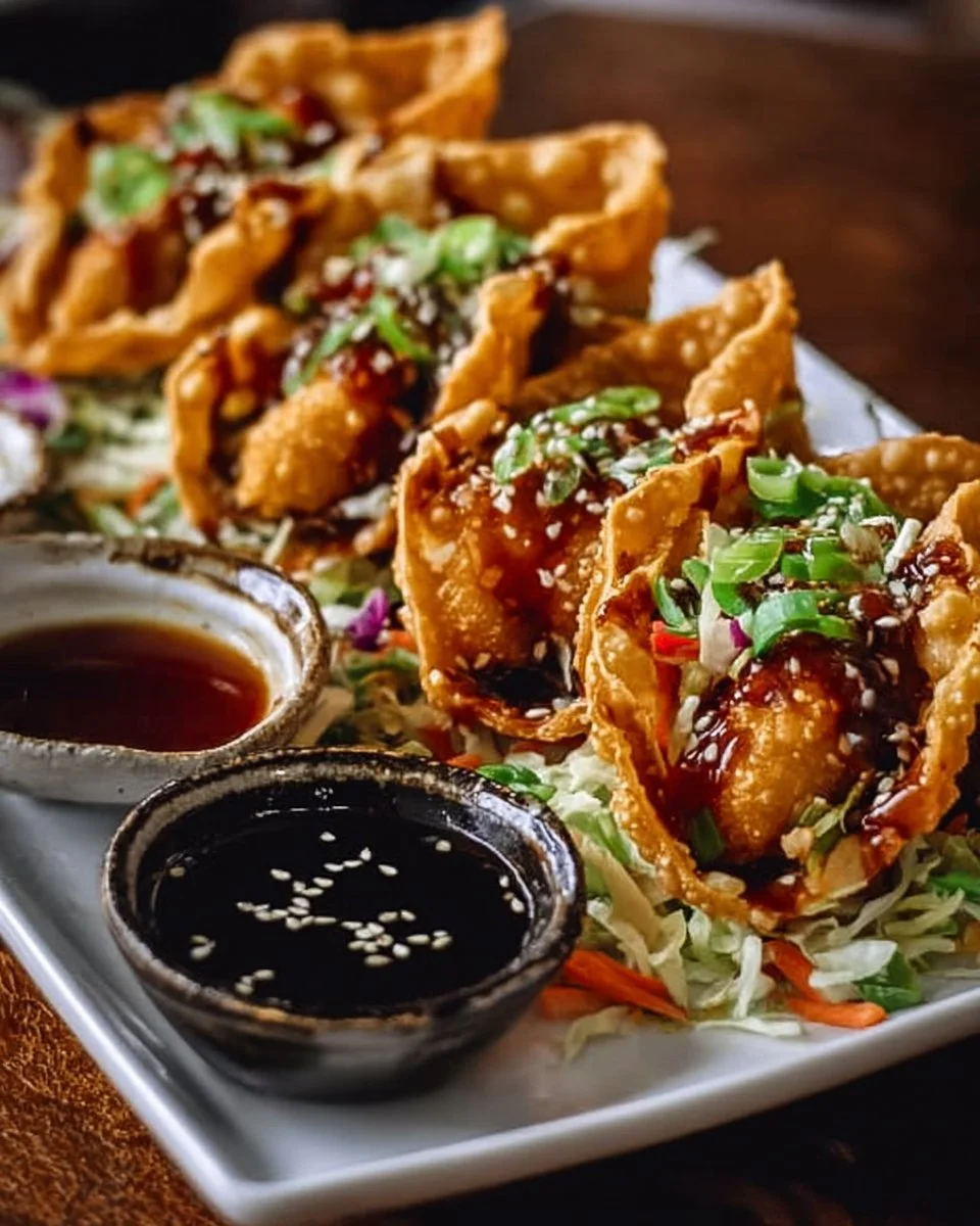 Crispy chicken wonton tacos with teriyaki glaze on a plate