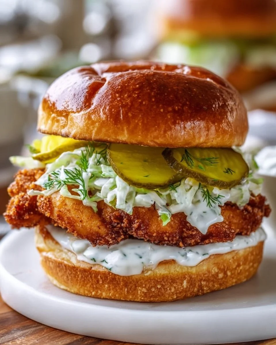 Delicious crispy dill chicken sandwich with fresh herbs and toppings
