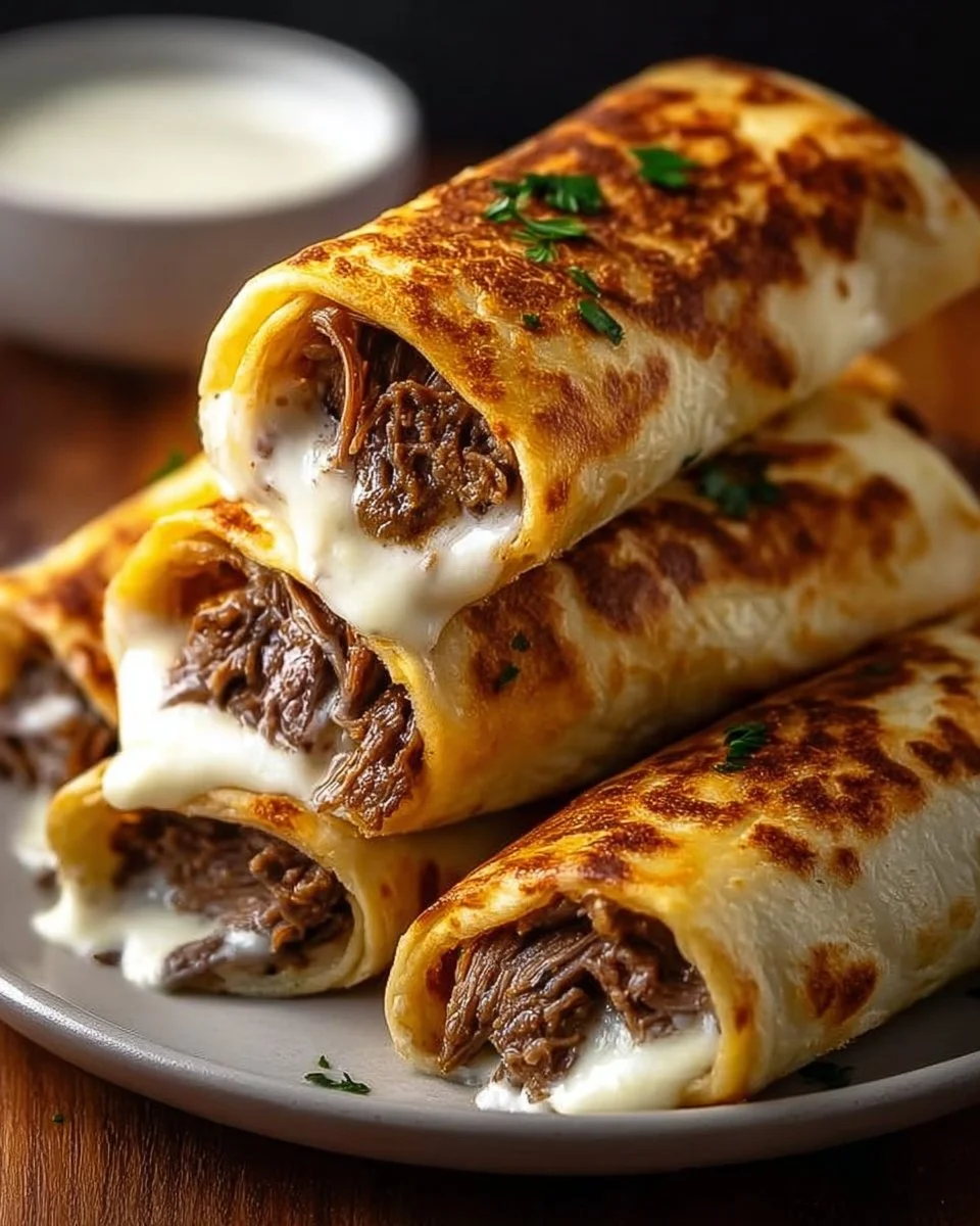 Crispy French Dip Tortilla Roll Ups served with dipping sauce
