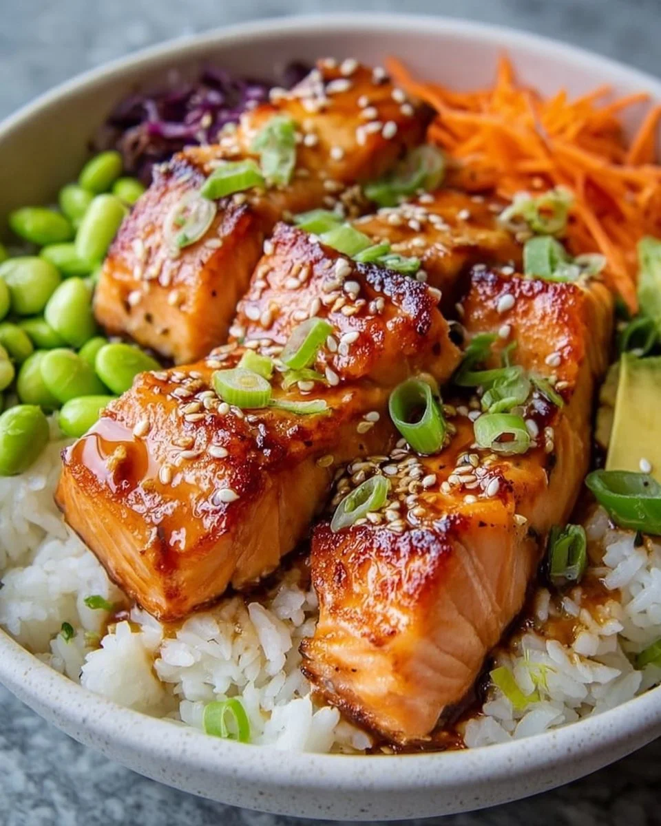 Crispy Salmon served over rice in a bowl with fresh vegetables and sauces