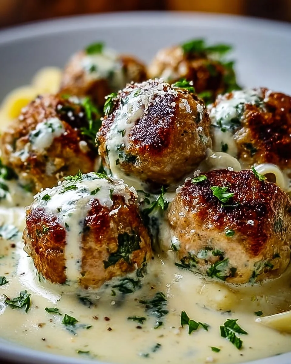 Delicious chicken ricotta meatballs in Alfredo sauce served on a plate