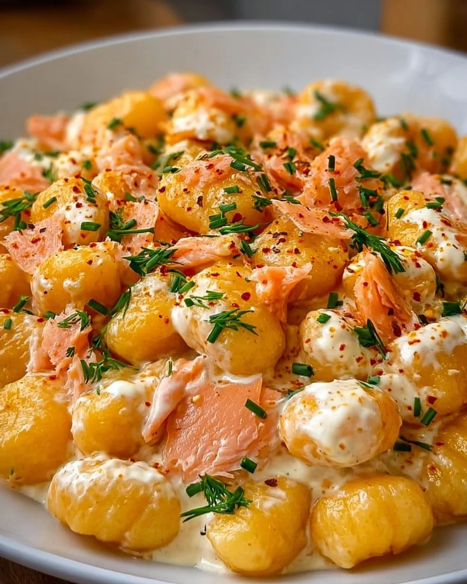 Delicious smoked salmon gnocchi served with creamy sauce and herbs