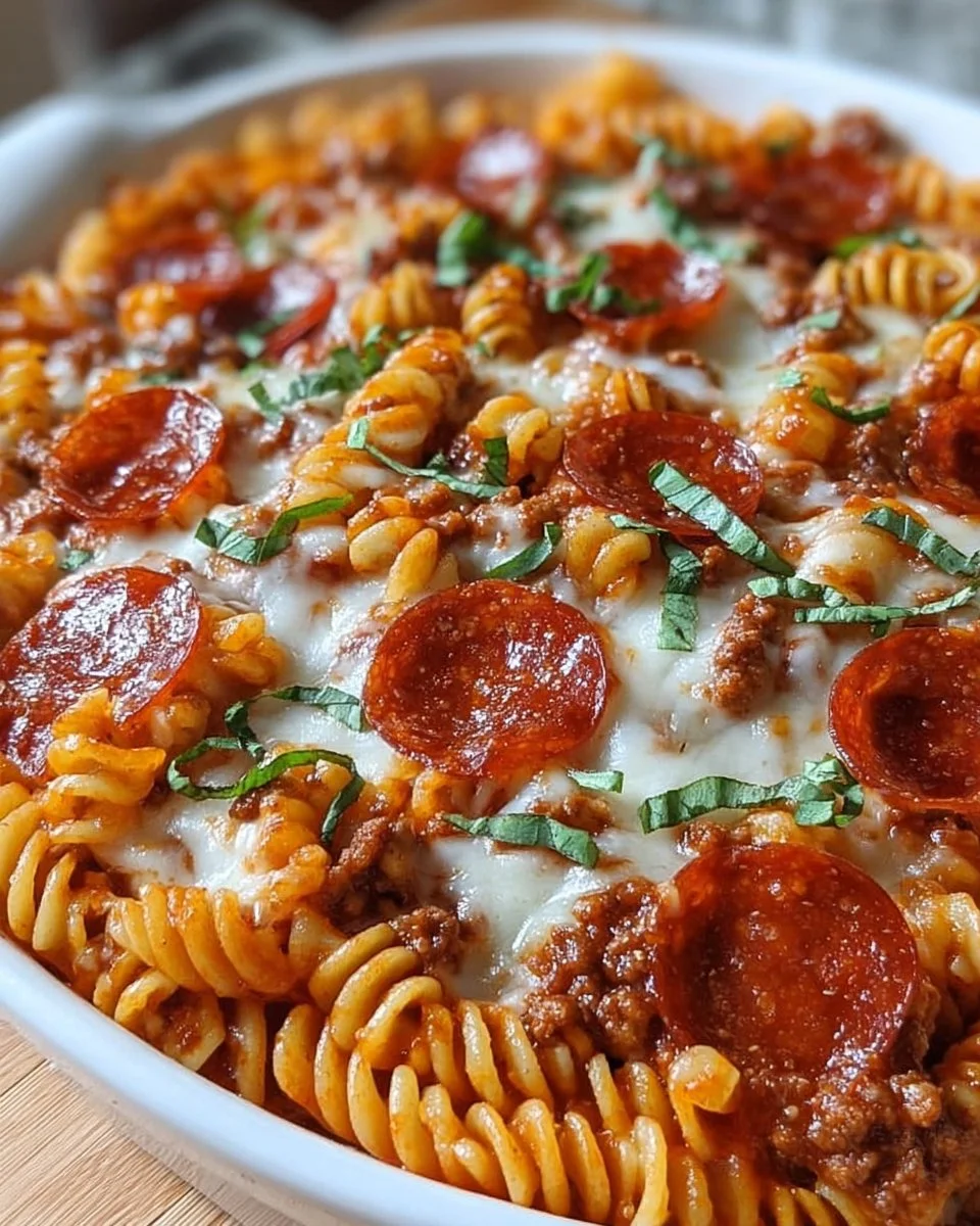 Delicious pizza pasta casserole baked with cheese and topped with fresh ingredients