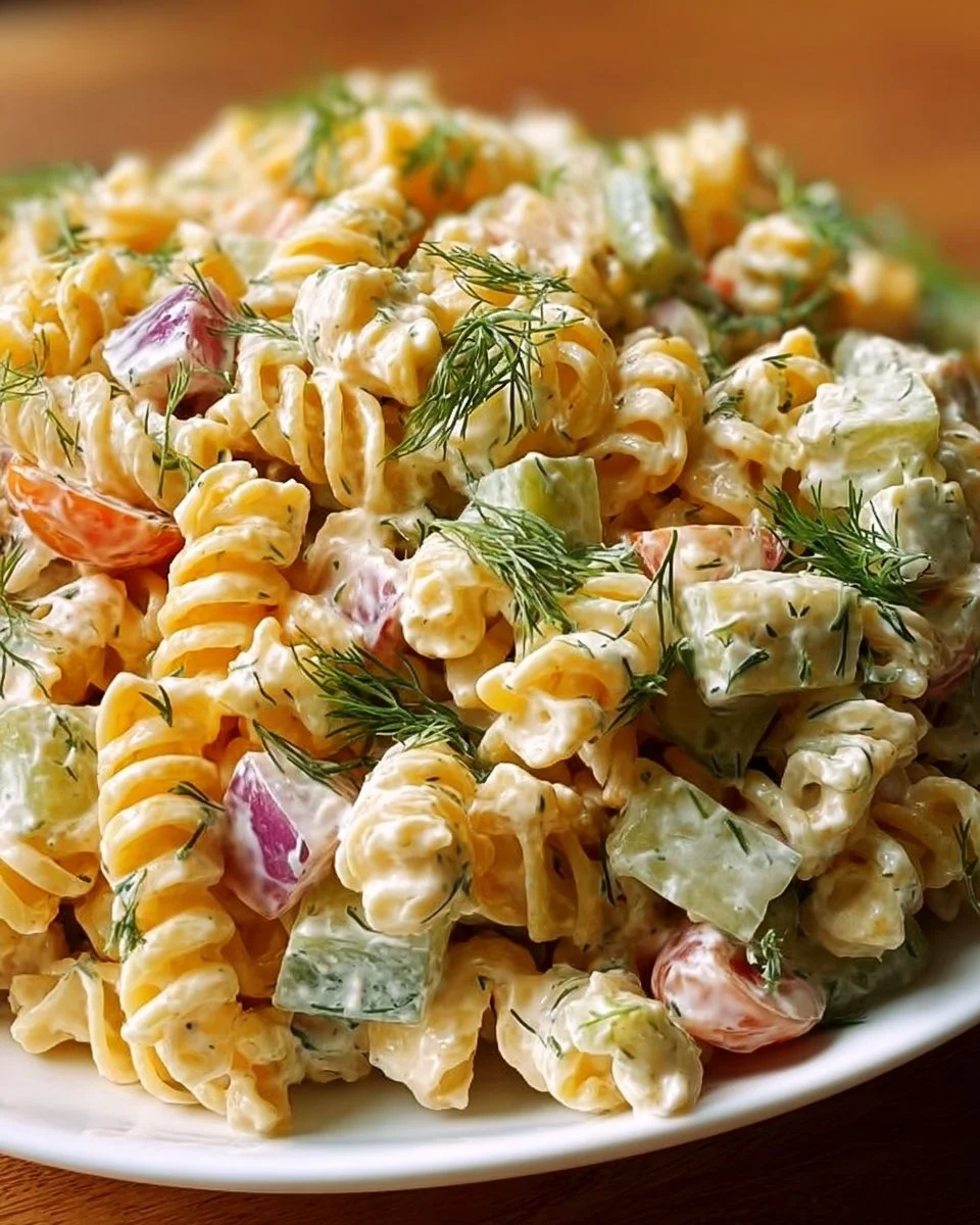 Bowl of Dill Pickle Pasta Salad with fresh ingredients