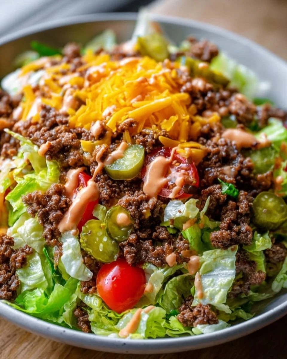 Delicious Big Mac Salad served in a bowl with fresh ingredients