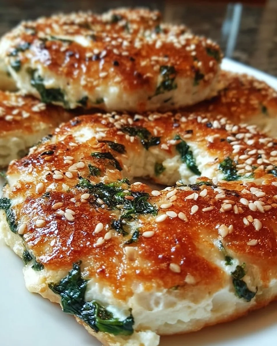 Delicious homemade spinach cottage cheese flat bagels on a wooden table
