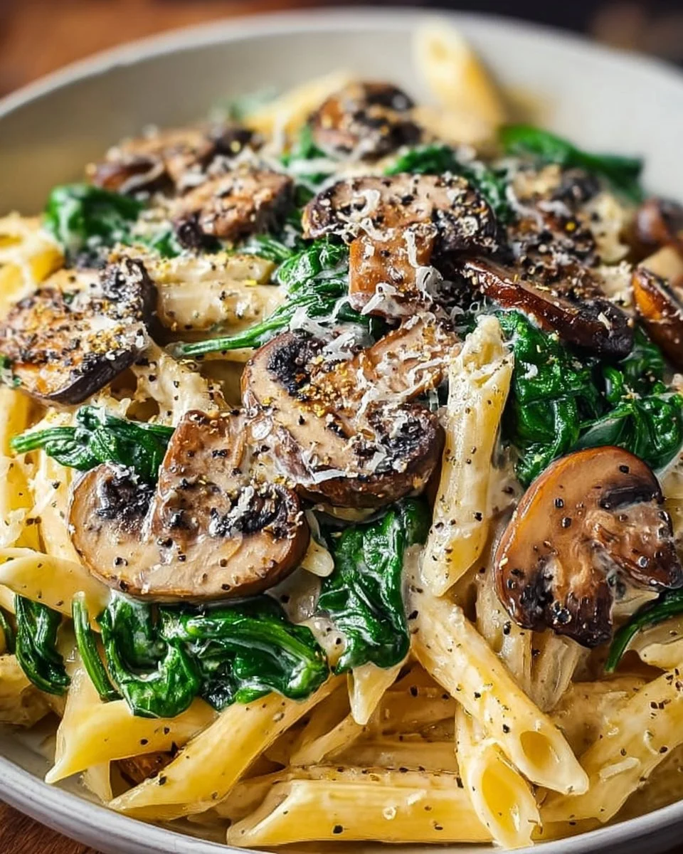 Delicious easy spinach mushroom pasta served in a bowl with fresh ingredients.