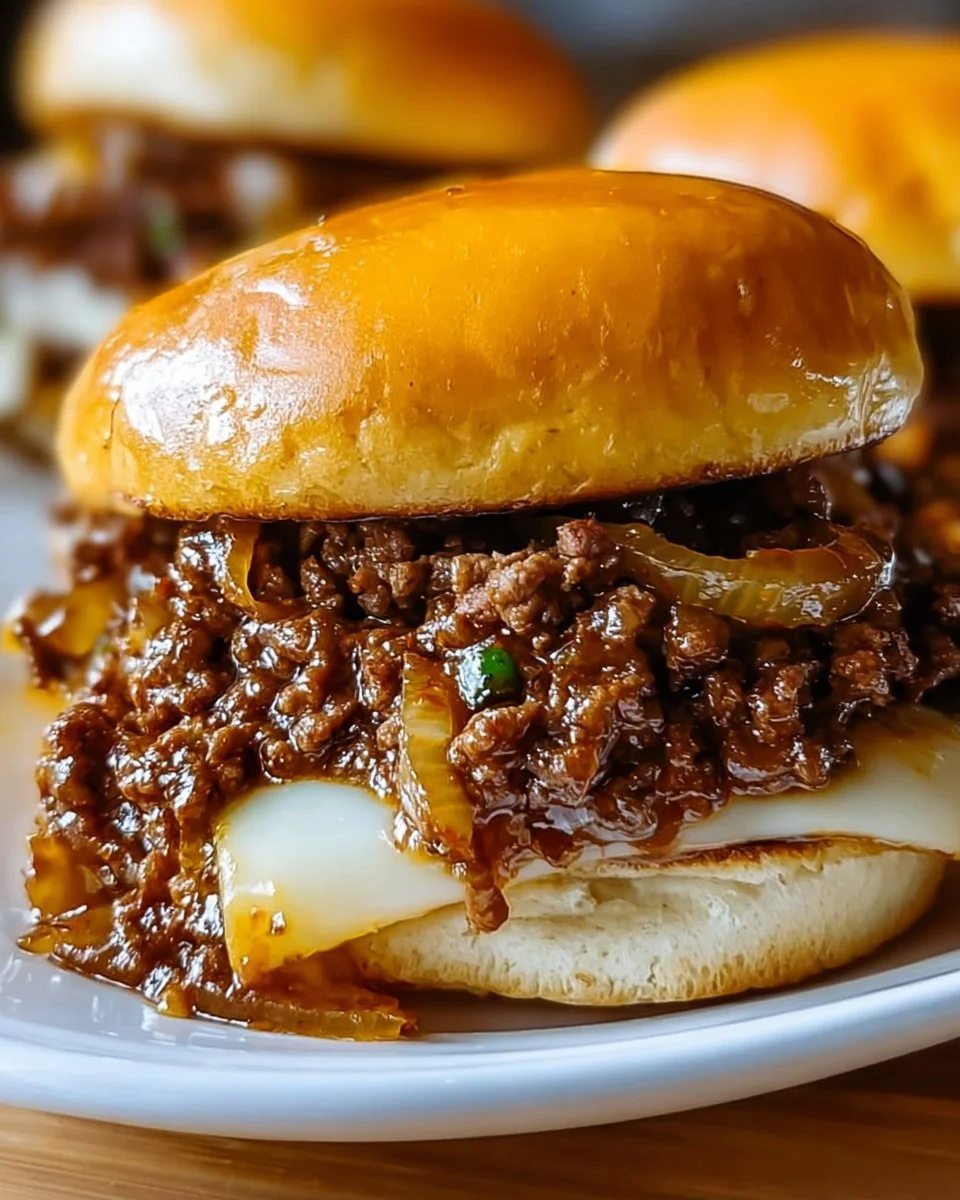 Delicious French Onion Beef Sloppy Joes served on a plate with toppings.
