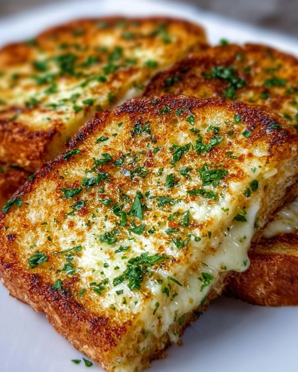 Garlic Bread Grilled Cheese sandwich with melted cheese and crispy garlic bread